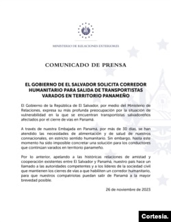 Comunicado del gobierno de EL Salvador sobre transportistas salvadoreños varados en Panamá.