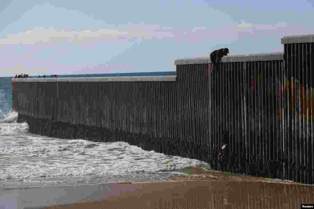 A migrant climbs the border fence to cross into the U.S. to request asylum, at Playas de Tijuana, in Tijuana, Mexico, Oct. 2, 2023.