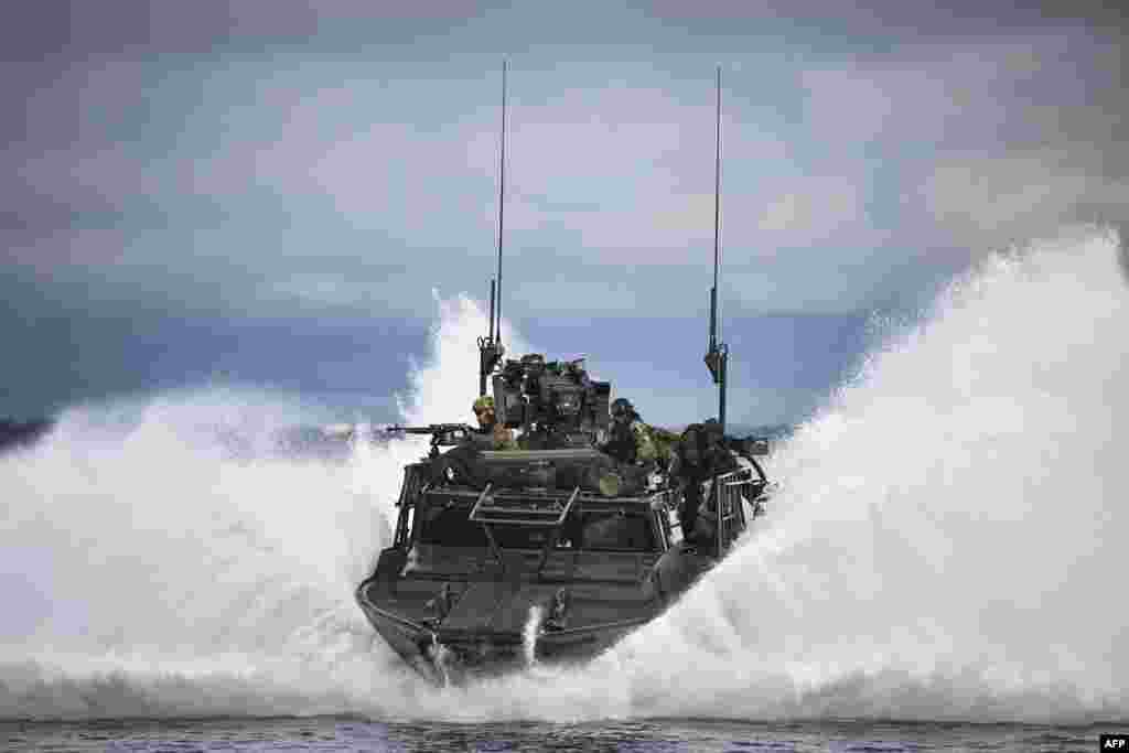 Soldiers from the Swedish Amphibious Corps participates in the military exercise Archipelago Endeavor 23 at Mallsten island in the Stockholm Archipelago.