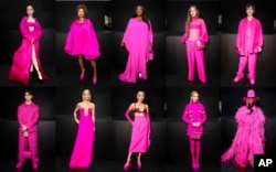 This combination of ten images shows, top row from left, American actor Madelaine Petsch, French influencer Paola Locatelli, Meta's Global Head of Luxury Morin Oluwole, Thai model-actor Nychaa and Thai actor-singer PP Krit, bottom row from left, German influencer Jacob Rott, German model Caroline Daur, American real estate broker Christine Quinn, German fashion influencer Leonie Hanne and American singer-songwriter Erykah Badu wearing hot pink at the Valentino ready-to-wear Spring/Summer 2023 fashion collection presented in Paris on Oct. 2, 2022. (Photos by Vianney Le Caer/Invision/AP)