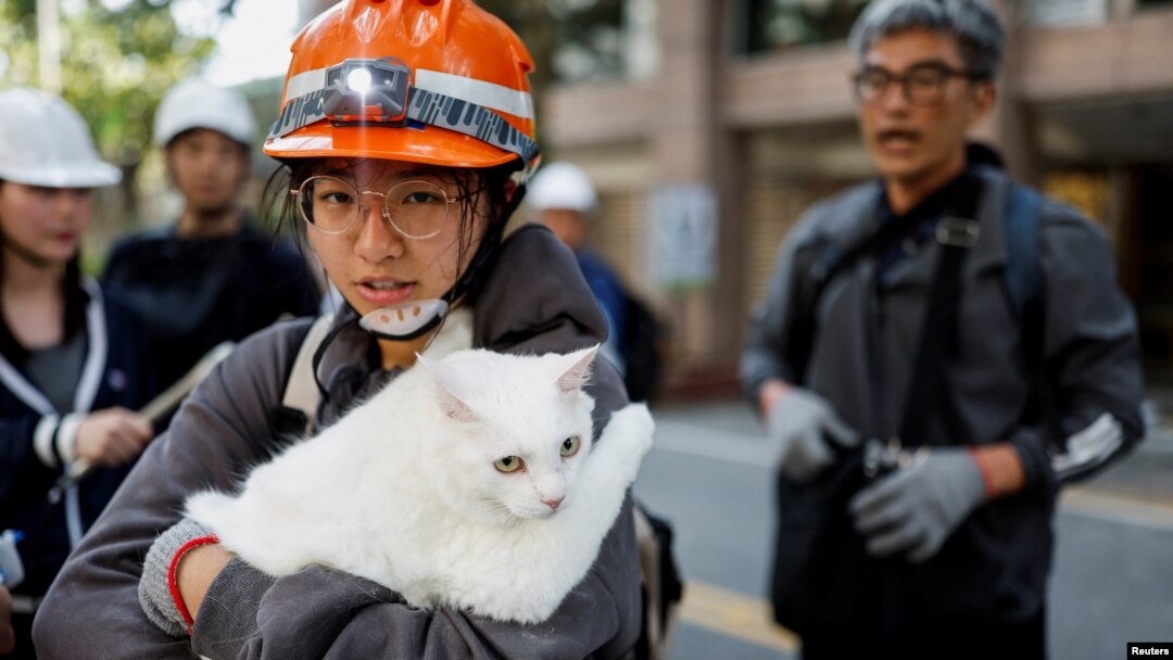台灣花蓮一名16歲的姑娘在撤離時抱著自己的寵物貓。 (2024年4月4日)