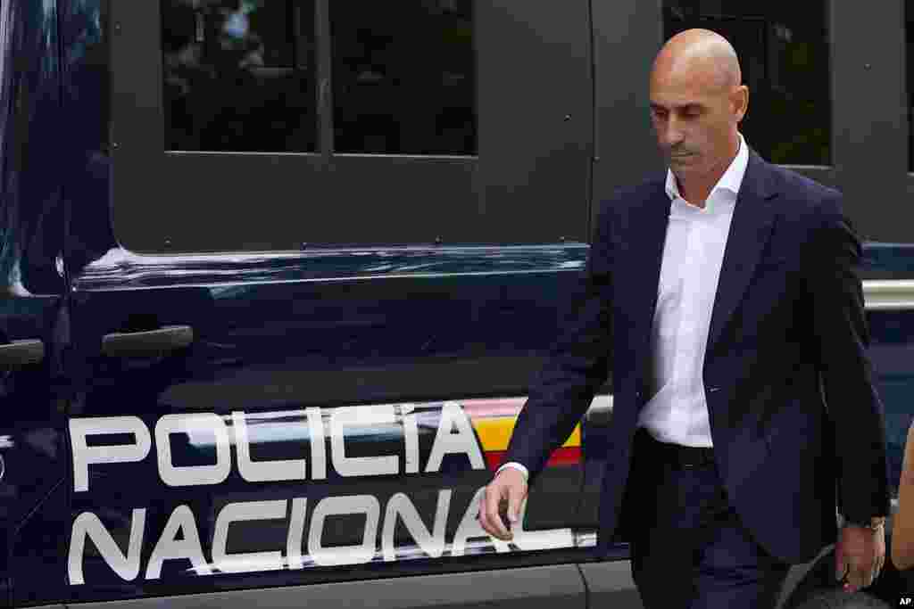 The former president of Spain's soccer federation Luis Rubiales passes a police van as he leaves after testifying at the National Court in Madrid, Spain. Spanish state prosecutors formally accused Rubiales last week of alleged sexual assault and an act of coercion after Rubiales kissed Spain forward Jenni Hermoso during the awards ceremony after Spain beat England to win the title on August 20 in Sydney, Australia. 