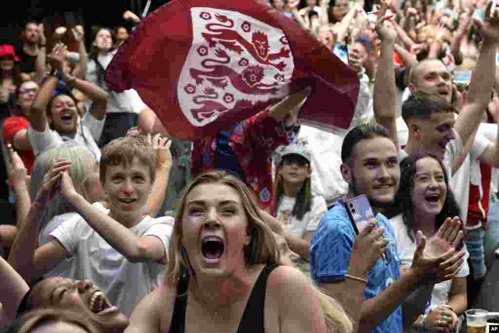 Fans watch a screening at BOXPARK Wembley in London as England wins the Women&#39;s World Cup 2023 semifinal soccer match against Australia.