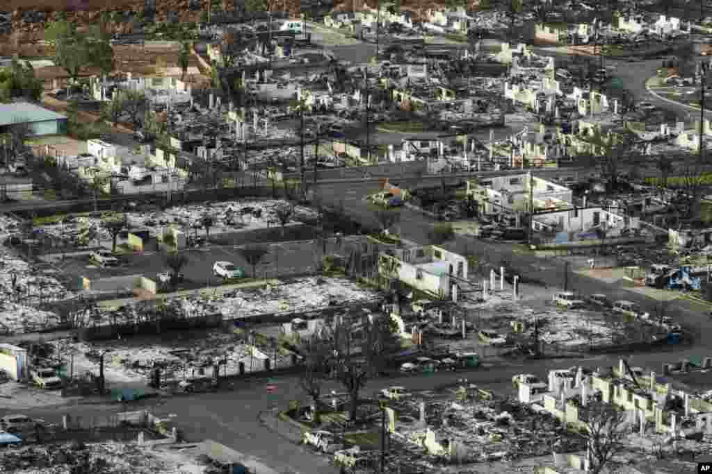 A general view shows the aftermath of a wildfire in Lahaina, Hawaii. Hawaii’s governor vowed to protect local landowners from being “victimized” by opportunistic buyers when Maui rebuilds from the deadly wildfires. 