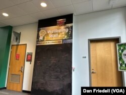 The wellbeing wall with messages from students.