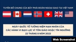 Tuyên bố chung của Đại sứ quán Hoa Kỳ và các nước phương Tây tại Việt Nam về Ngày Quốc tế tưởng niệm các nạn nhân bị bạo hành vì tôn giáo hay tín ngưỡng, 22/8/2022. 