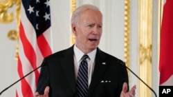President Joe Biden speaks during a news conference with Japanese Prime Minister Fumio Kishida at Akasaka Palace, Monday, May 23, 2022, in Tokyo. (AP Photo/Evan Vucci)
