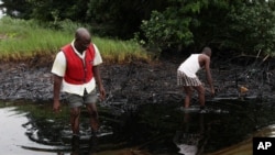 FILE - In this Sunday June 20, 2010 file photo, men walk in an oil slick covering a creek near Bodo City in the oil-rich Niger Delta region of Nigeria. (AP Photo/Sunday Alamba, FILE)