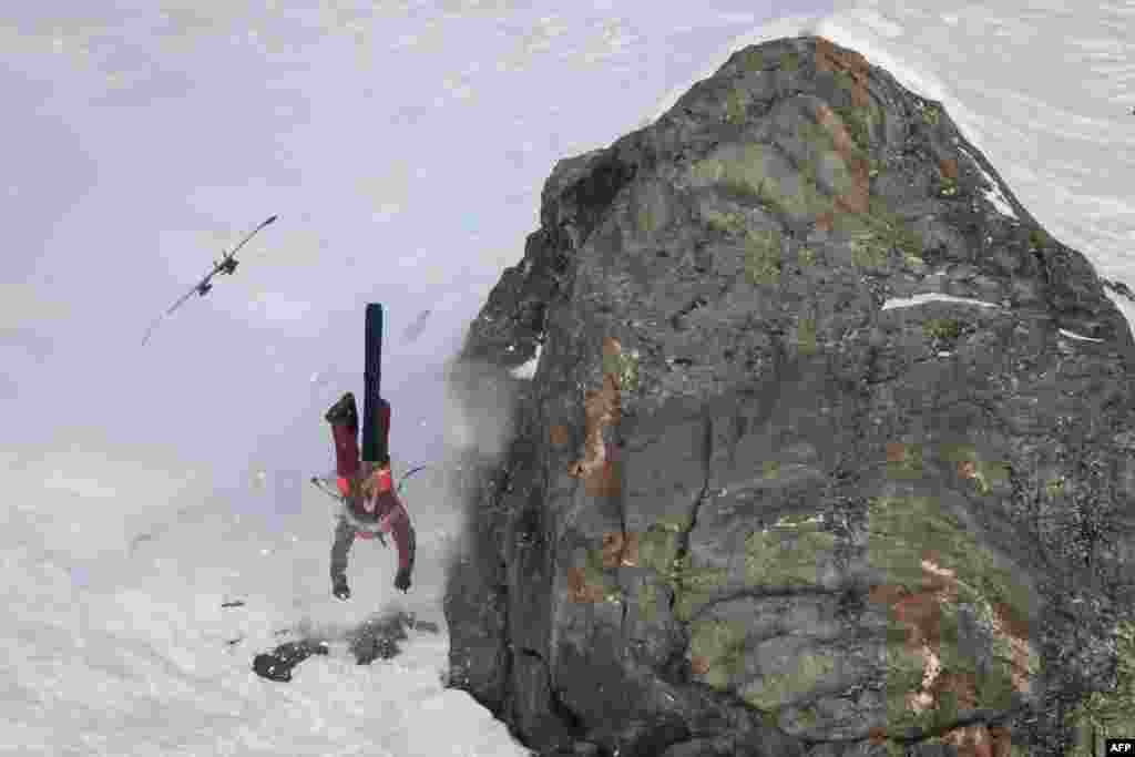 Spanish rider Aymar Navarro crashes while competing in the men's ski Verbier Xtreme Freeride World Tour final on the Bec de Rosses mountain, above the Swiss Alps resort of Verbie.
