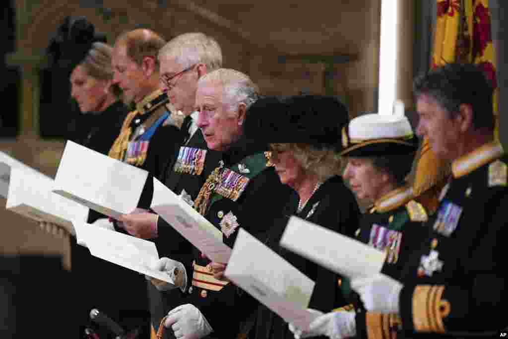 From left, Sophie Countess of Wessex, Prince Edward, Prince Andrew, King Charles III, Camilla, the Queen Consort, Princess Anne and Tim Laurence during a Service of Prayer and Reflection for the Life of Queen Elizabeth II at St. Giles' Cathedral, Edinburgh, Sept. 12, 2022.