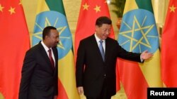 资料照片：埃塞俄比亚总理阿比·艾哈迈德与中国国家领导人习近平在北京人民大会堂会晤。(2019年4月24日)