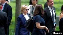U.S. Democratic presidential candidate Hillary Clinton arrives for ceremonies to mark the 15th anniversary of the September 11 attacks at the National 9/11 Memorial in New York, New York, United States September 11, 2016. REUTERS/Brian Snyder