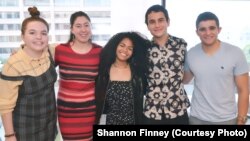 The 2018 National Student Poets. From left: Heather Laurel Jensen, Alaxandra Contreras-Montesano, Ariana Smith, Daniel Blokh, and Darius Atefat-Peckham.