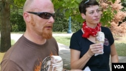 Swiss motorcycle group takes a break at Rich and Creamy in Joilet, Illinois