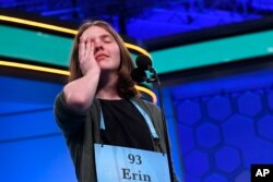 Erin Howard, 14, of Huntsville, Ala., reacts as she prepares to spell her final word as she competes in the finals of the 2019 Scripps National Spelling Bee in Oxon Hill, Md., Thursday, May 30, 2019.