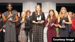 Broadcom MASTERS top winners (from left to right) Lauren Ejiaga, Sidor Clare, Alaina Gassler, Rachel Bergey and Alexis MacAvoy. (Photo Credit: Linda Doane/Society for Science & the Public)