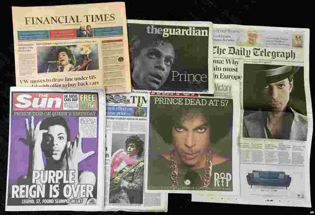 British national newspapers' front pages leading with the story about the death of U.S. musician Prince are displayed, April 22, 2016.
