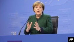 German Chancellor Angela Merkel speaks during a media conference at the end of an EU summit in Brussels, March 10, 2017.