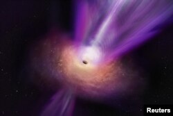 In this artist’s conception, the black hole’s massive jet is seen rising up from the center of the black hole. (S. Dagnello (NRAO/AUI/NSF)/Handout via REUTERS)