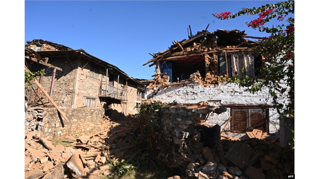 Homes are left damaged in Jajarkot, Nepal, on Nov. 4, 2023, following an overnight 5.6-magnitude earthquake.