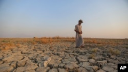 FILE - A fisherman walks across a dry patch of land in the marshes in Dhi Qar province, Iraq, Sept. 2, 2022. (AP Photo/Anmar Khalil, File)