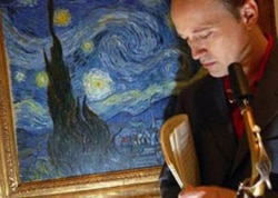 Ted Nash with his saxophone near "The Starry Night" by Vincent Van Gogh