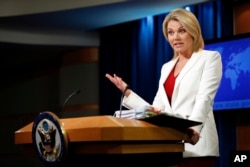 State Department spokeswoman Heather Nauert speaks during a briefing at the State Department in Washington.