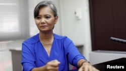 Mu Sochua, Deputy President of the Cambodia National Rescue Party (CNRP) listens during an interview with Reuters at an undisclosed location, Oct. 4, 2017. 