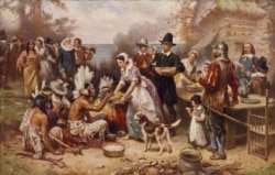 A painting by Jean Leon Gerome Ferris titled 'The First Thanksgiving' shows pilgrims and Native Americans gathering to share a meal.