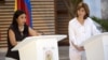 La canciller venezolana Delcy Rodriguez (izquierda) y su contraparte colombia María Ángela Holguín en una conferencia de prensa conjunta: no se ha acordado nada.