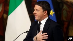 Italian Premier Matteo Renzi speaks during a press conference in Rome, Monday, Dec. 5, 2016. Renzi acknowledged defeat in a constitutional referendum and announced he would resign on Monday. Italians voted Sunday in a referendum on constitutional reforms