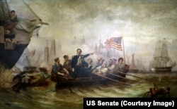 This 1865 painting "Perry's Victory on Lake Erie" artist William Henry Powell shows the moment when Captain Perry made his way from the destroyed battleship Lawrence to the Niagara.