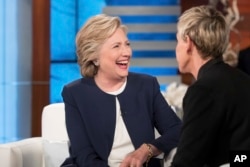 Hillary Clinton speaking to TV host Ellen Degeneres.