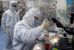 In this picture taken on April 29, 2020, an engineer takes samples of monkey kidney cells as he make tests on an experimental vaccine for the COVID-19 coronavirus inside the Cells Culture Room laboratory at the Sinovac Biotech facilities in Beijing