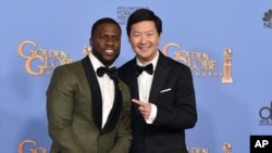 Kevin Hart, left, and Ken Jeong at the Golden Globe Awards January 10, 2016, in Los Angeles, California.