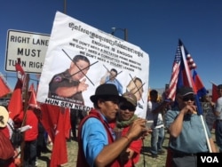 Hundreds of Cambodian-Americans from across the United States hold a protest at Sunnylands, California, Monday, February 15, 2016, to protest the visit of Cambodian Prime Minister Hun Sen.
