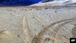 This January 2019 photo provided by the U.S. National Park Service shows vehicle tracks an area that is home to rare and endangered plants and animals in Death Valley National Park, California. (National Park Service via AP)
