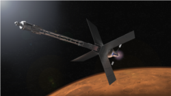 This NASA illustration depicts a Mars transit habitat and nuclear propulsion system that could one day carry astronauts to Mars. (Image Credit: NASA)