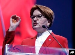 Meral Aksener, leader of Turkey's Iyi (Good) Party, and a candidate to run in the presidential contest speaks about her party's election manifesto in Ankara, Turkey, May 14, 2018.