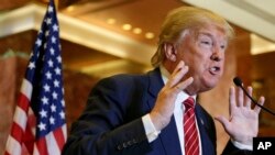 Republican presidential candidate Donald Trump talks about his tax plan during a news conference, Monday, Sept. 28, 2015, in New York. (AP Photo/Julie Jacobson)