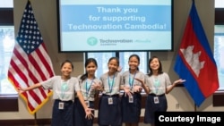 The five girls that created the “Cambodia Identity Product” mobile app pose for group photo at the US Embassy in Phnom Penh. They will be the first Cambodian team to compete in the Technovation ​World Pitch Summit at Google headquarters in Mountainview, California.
