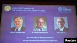 A screen displays the portraits of the laureates of the 2019 Nobel Prize in Chemistry (L-R) John B. Goodenough, M. Stanley Whittingham, and Akira Yoshino "for the development of lithium-ion batteries" during a news conference in Stockholm, Sweden. (Reuters)