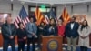 Maria Elena Cruz habla con los periodistas después de que la gobernadora demócrata de Arizona, Katie Hobbs, anunciara su nombramiento para la Corte Suprema de Arizona, en Phoenix, el miércoles 29 de enero de 2025. 
