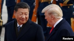 中国国家主席习近平在人民大会堂欢迎到访的美国总统川普