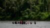 Los migrantes se toman de la mano mientras cruzan el río Tuquesa, cerca de Bajo Chiquito, Panamá, después de cruzar el Tapón del Darién desde Colombia en su camino hacia el norte hacia Estados Unidos, el sábado 9 de noviembre de 2024.
