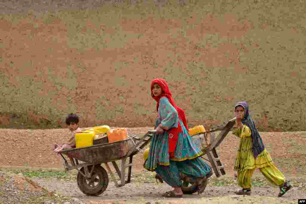 Afghan Kochi nomad girls push wheelbarrows as they collect water in Daman district of Kandahar province.