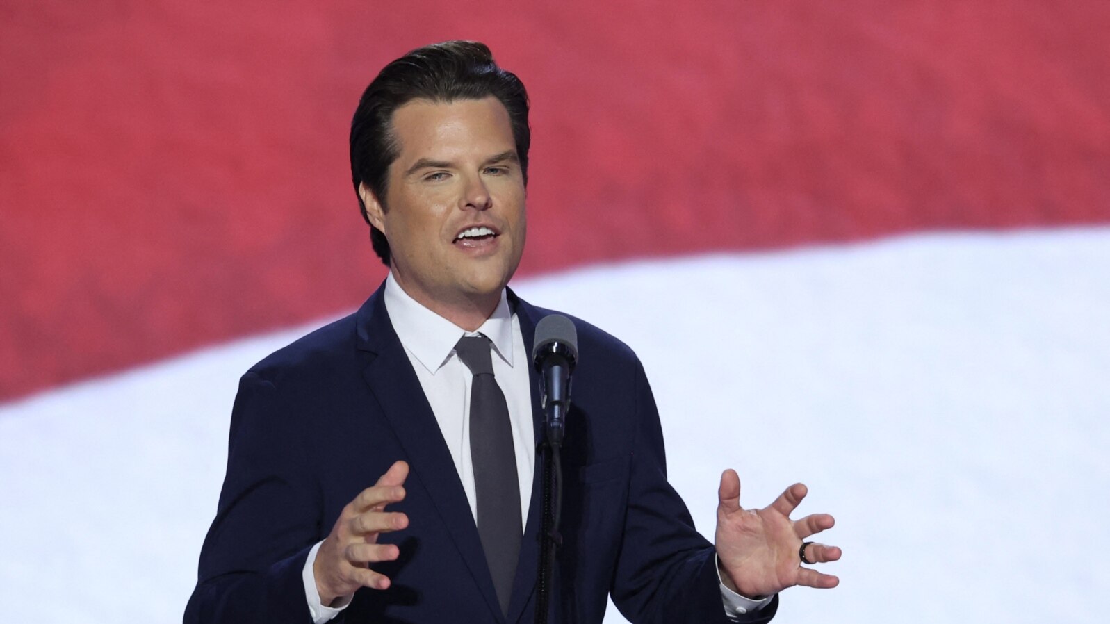 Foto Achiv: Depite Matt Gaetz (Repibliken Florid) pran la pawol pandan Konvansyon Nasyonal pati Repibliken an nan Milwaukee, Wisconsin, 17 Jiye, 2024.