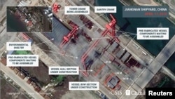美國“戰略與國際研究中心”CSIS提供給路透社2019年4月17日的衛星照片顯示，過去6個月上海江南造船廠建造的一艘看起來是中國第三艘航母的大型船艦進度可觀。